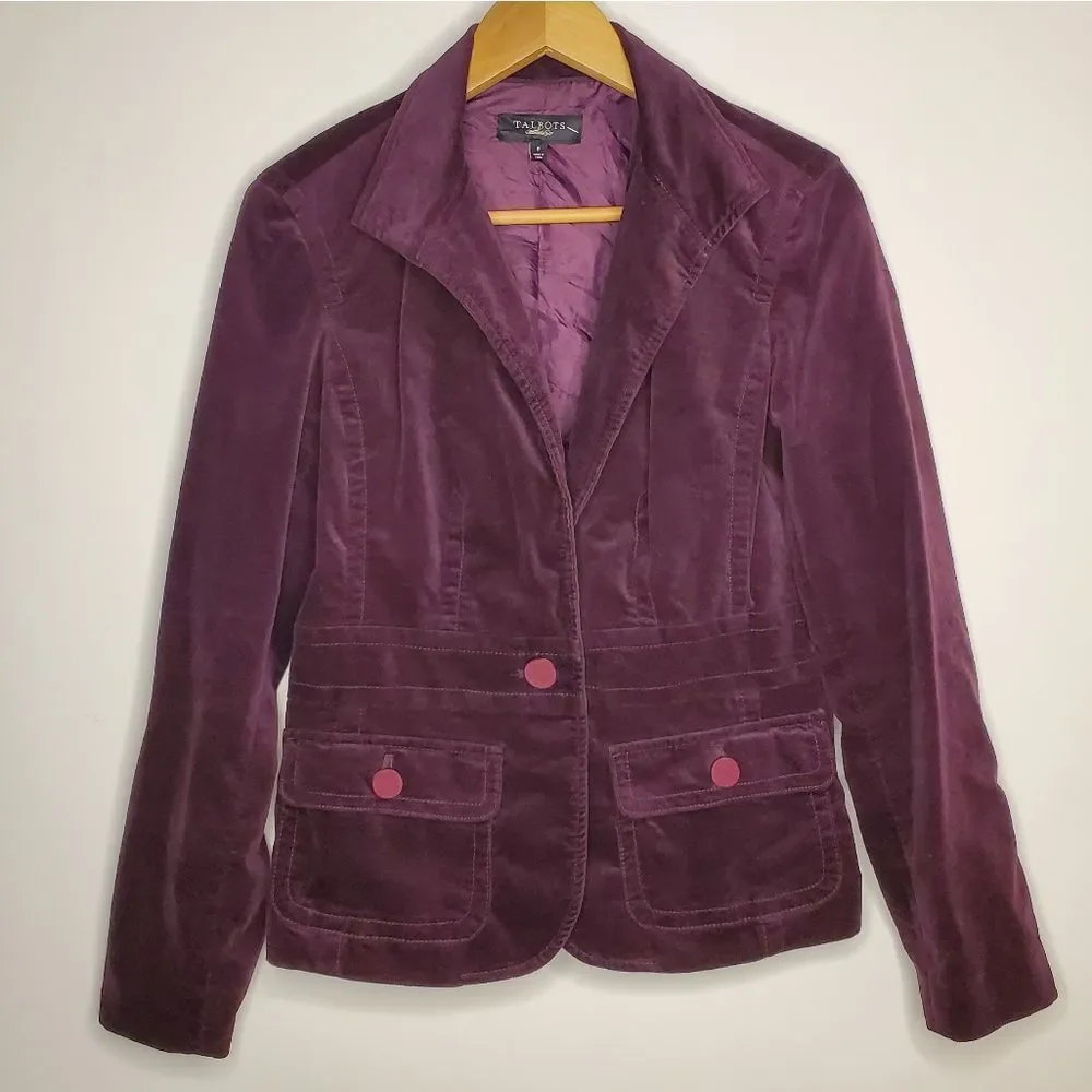 Talbots Plum Purple Collared Patch Pocket Formal Velvet Corduroy Blazer Size 8